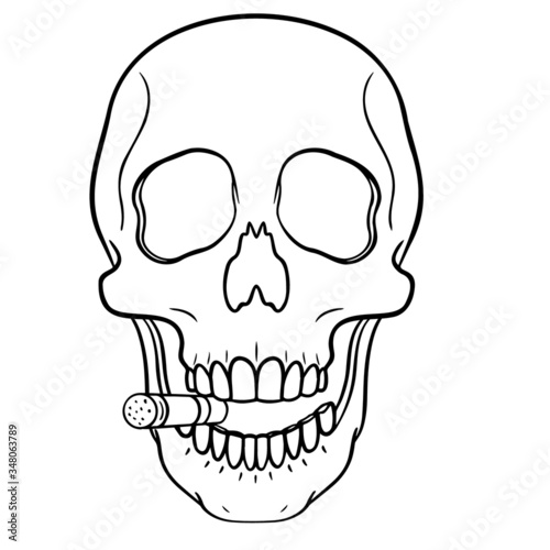 hand drawn outline skull with cigar in the corner of the mouth. monochrome comic drawing.