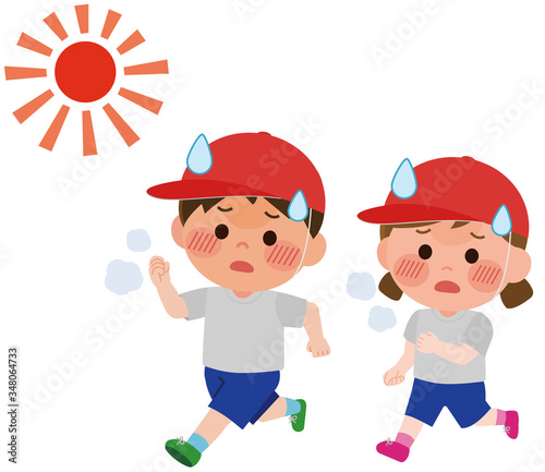 熱中症　体育で走る　男女小学生　イラスト