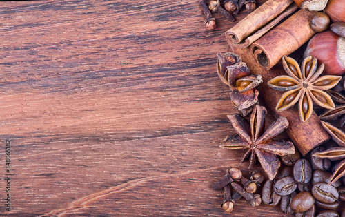 composition with star anise on dark wood background