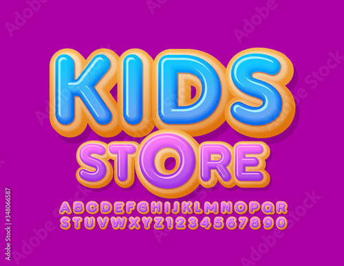 Vector sweet sign Kids Store. Violet Glazed Font. Cake Donut Alphabet Letters and Numbers