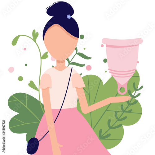 Menstrual cycle, sanitary cup, device for collecting blood. Menstruation feminine period. Use menstrual cup inside vagina.