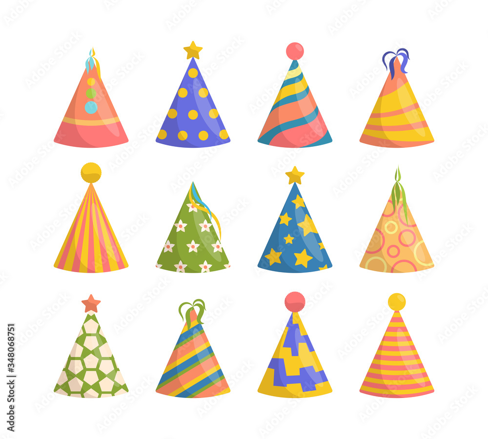 Cap party set. Festive cone for birthday, party, new year, colorful blue, green, red, from paper with striped, round, square pattern, fun accessory for entertainment. Vector graphics in flat style. Cap party set. Festive cone for birthday, party, new year, colorful blue, green, red, from paper with striped, round, square pattern, fun accessory for entertainment. Vector graphics in flat style.