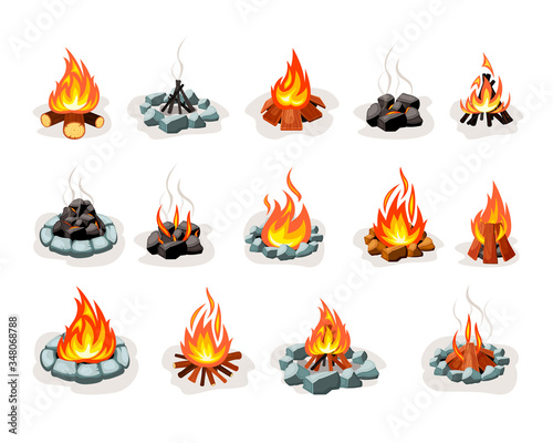 Campfire wood set. A tourist bonfire in the form of hut is composed pyramid, well, starry, signaling, blazing with red fire and burning out smoking, hot light at night. Vector graphics in flat style.