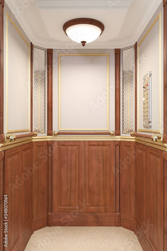 3d illustration of the interior of a classic vintage retro elevator in a hotel, building.