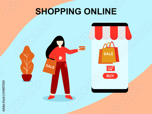 Flat design cartoon character women shopping online store, technology online shopping in mobile phone application network, Digital marketing Concept, purchase on smartphone payment internet service