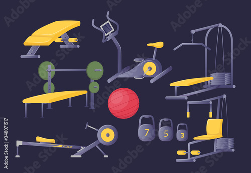Equipment for strong muscles, slim figure, fitness exercise. Machines for body workout, Crossfit, treadmill, elliptical machine, rowing machine. 