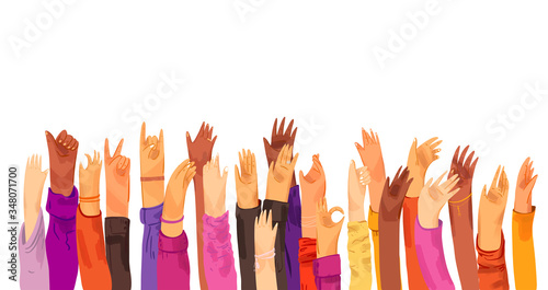 Vector flat illustration of raised up human hands, multiracial. Concept of education, business training, volunteers, voting - raised hands in croud, isolated