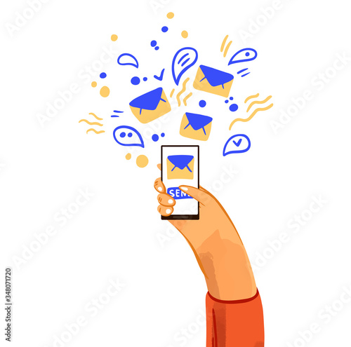 Hand with phone vector cartoon illustration. Smartphone with messenger, online chat, email, letters, message signs, icons and social engagement. Happy friendly communication