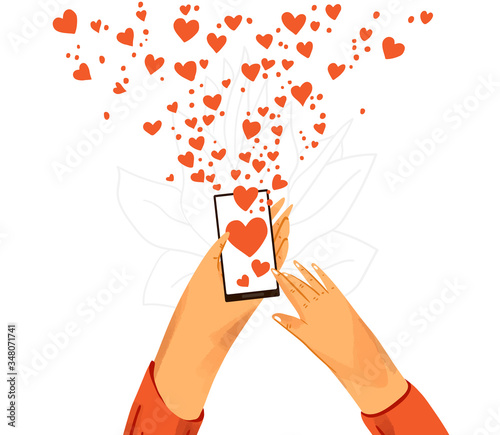 Hand with phone vector cartoon illustration. Smartphone with messenger, online chat, like, message signs, icons and social engagement. Happy friendly and romantic communication