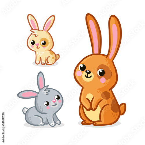 Vector illustration with collection of cute hares. Rabbits on a white background.