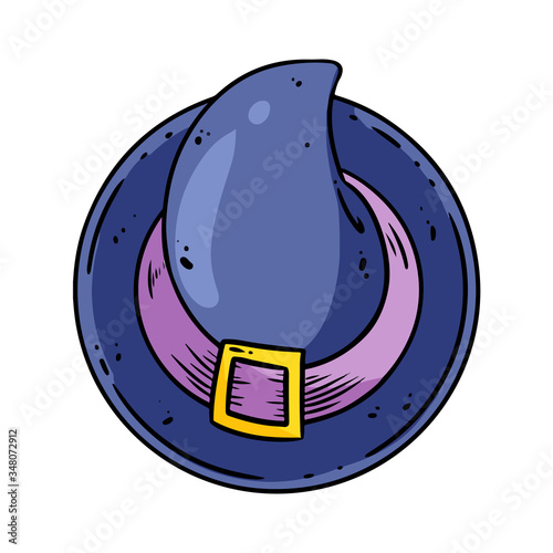 Cute cartoon witch hat top view doodle image. Magic or witchcraft logo. Media highlights graphic symbol
