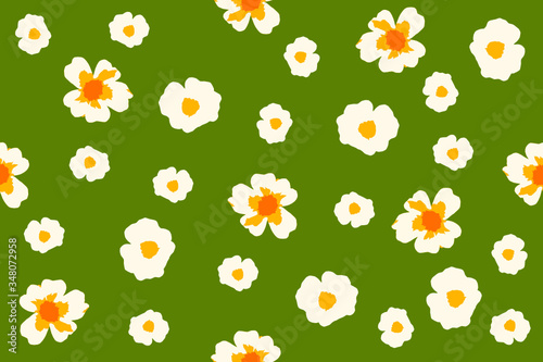 Seamless repeat pattern with flowers in white and yellow on green background. Simple, minimal vector illustration. For fabric, gift wrap, wall art design.