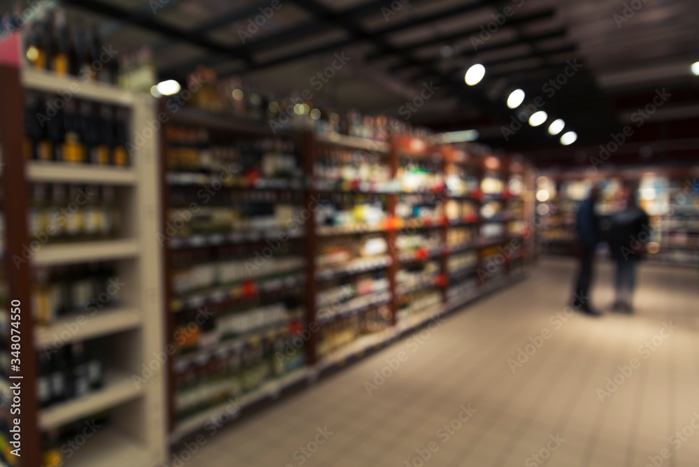 Wood top table on blur supermarket background