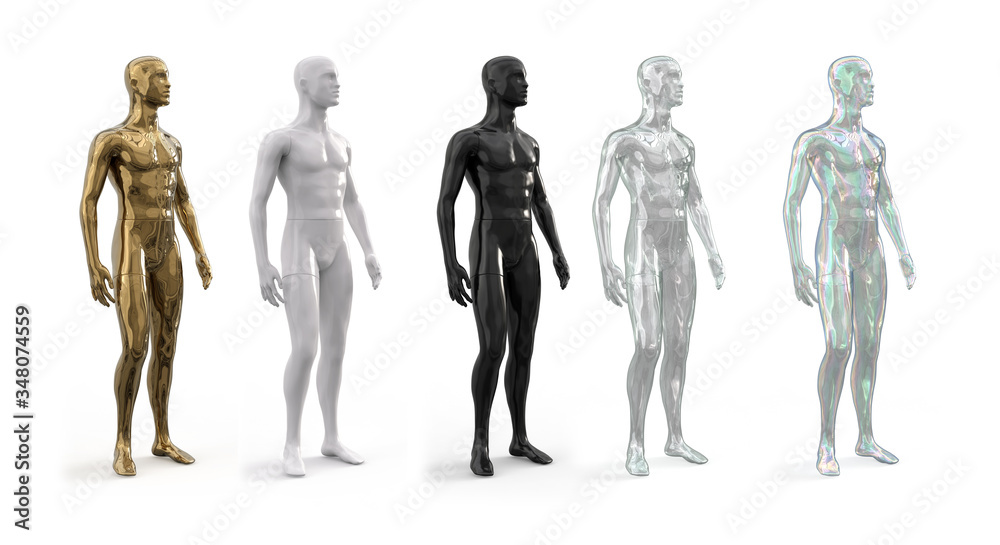 3d illustration of the figure of a male mannequin for a shop window of a fashion boutique. Side view. Male realistic plastic, glass and metal standing mannequin for clothes. 3d illustration of the figure of a male mannequin for a shop window of a fashion boutique. Side view. Male realistic plastic, glass and metal standing mannequin for clothes.