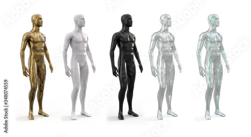 3d illustration of the figure of a male mannequin for a shop window of a fashion boutique. Side view. Male realistic plastic, glass and metal standing mannequin for clothes.