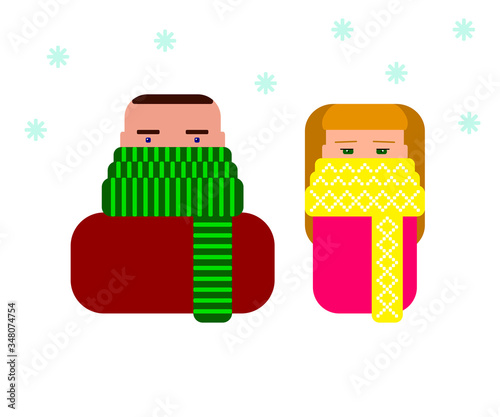 Colored icons man and woman in scarves in the disease season. Stop virus Winter vector stock illustration with snow and warm clothes. Characters with a protected face. Mascots with ornamented scarves