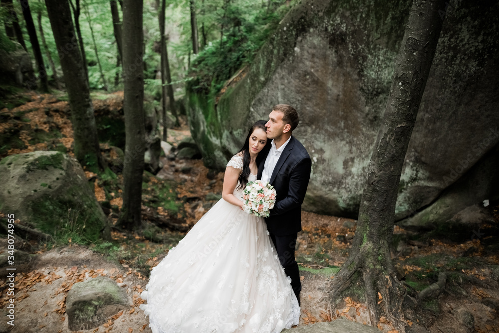 Romantic, fairytale, happy newlywed couple hugging and kissing in a park, trees in background Romantic, fairytale, happy newlywed couple hugging and kissing in a park, trees in background