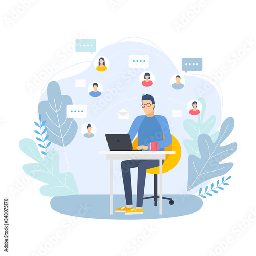 A guy with glasses sits at a laptop. People communications. Social media network connection concept. Male working with her PC.