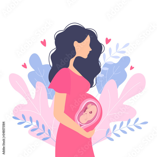 Happy pregnant woman holds her belly. Decorated beautiful leaves. Decorated beautiful leaves.Vector illustration.