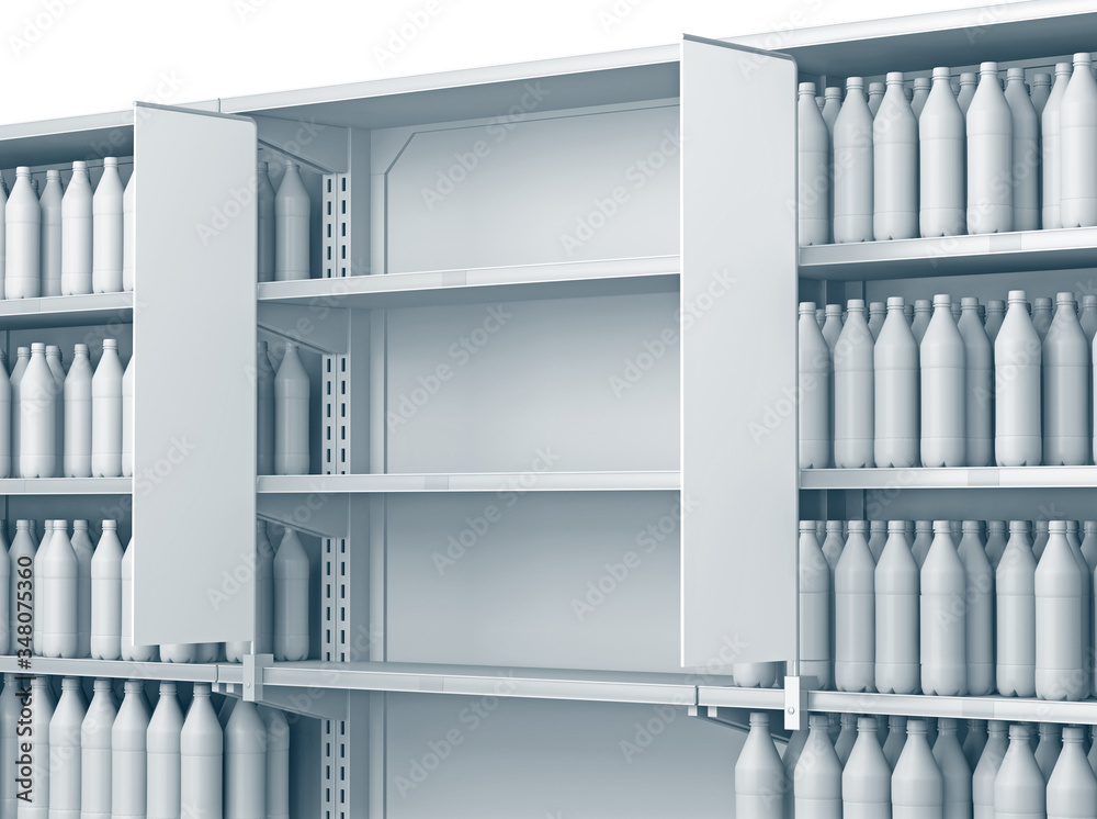 Shelves with shelf-stopper in a store or a shop. 3D rendering Shelves with shelf-stopper in a store or a shop. 3D rendering