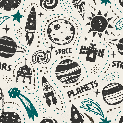 Seamless cute space pattern. It is good for baby clothes, baby bedding, wallpapers, notebook covers, etc.