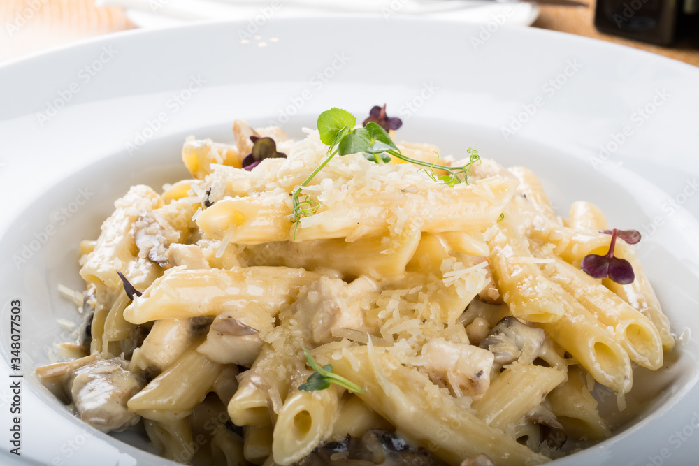 Prepared penne pasta with chicken and forest mushroom sauce, cheese with parmesan and mozzarella Prepared penne pasta with chicken and forest mushroom sauce, cheese with parmesan and mozzarella
