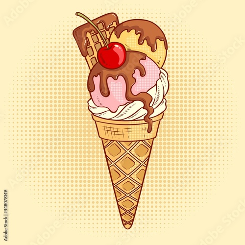 Ice cream cone with cherry on top. Hand drawn vector illustration