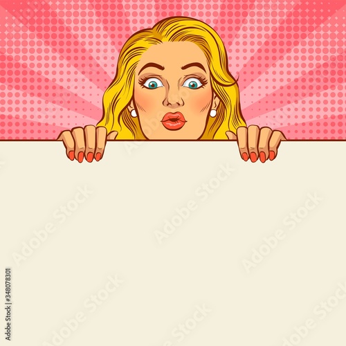 Surprised woman looking over a white wall. Pop art vector illustration