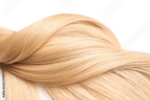 Beautiful long blonde hair on white background, closeup
