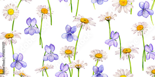 seamless pattern with watercolor drawing wild flowers