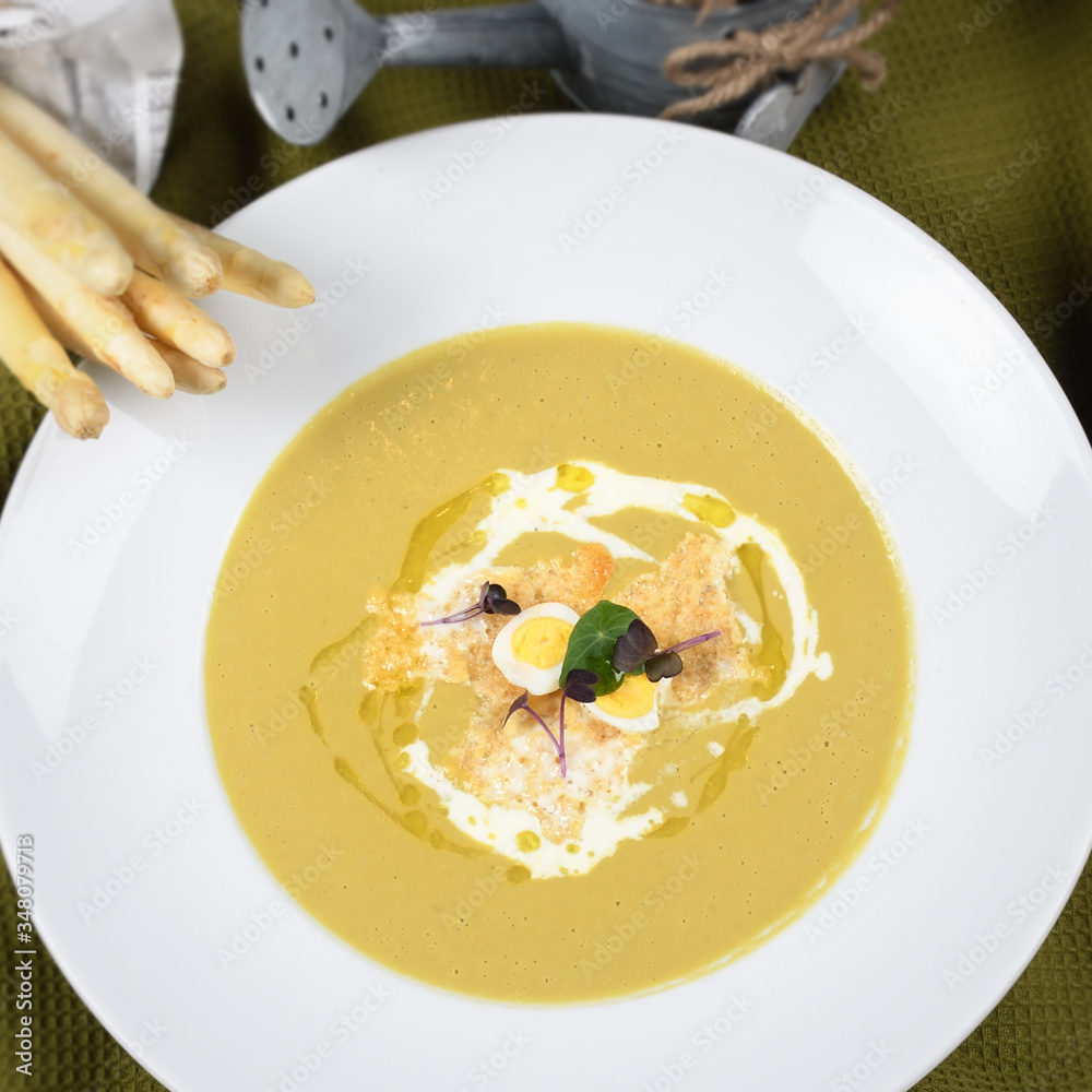 Cream of asparagus soup is a soup prepared with asparagus,stock and milk or cream as ingredients. Cream of asparagus soup is a soup prepared with asparagus,stock and milk or cream as ingredients.