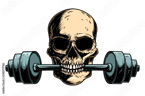  Illustration of human skull with barbell in his teeth. Design element for poster, card, banner, emblem, t shirt. Vector illustration