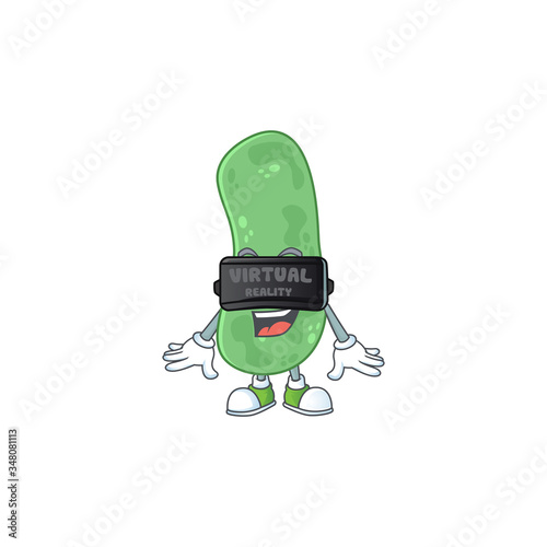 A cartoon mascot of enterobacteriaceae enjoying game with Virtual reality headset