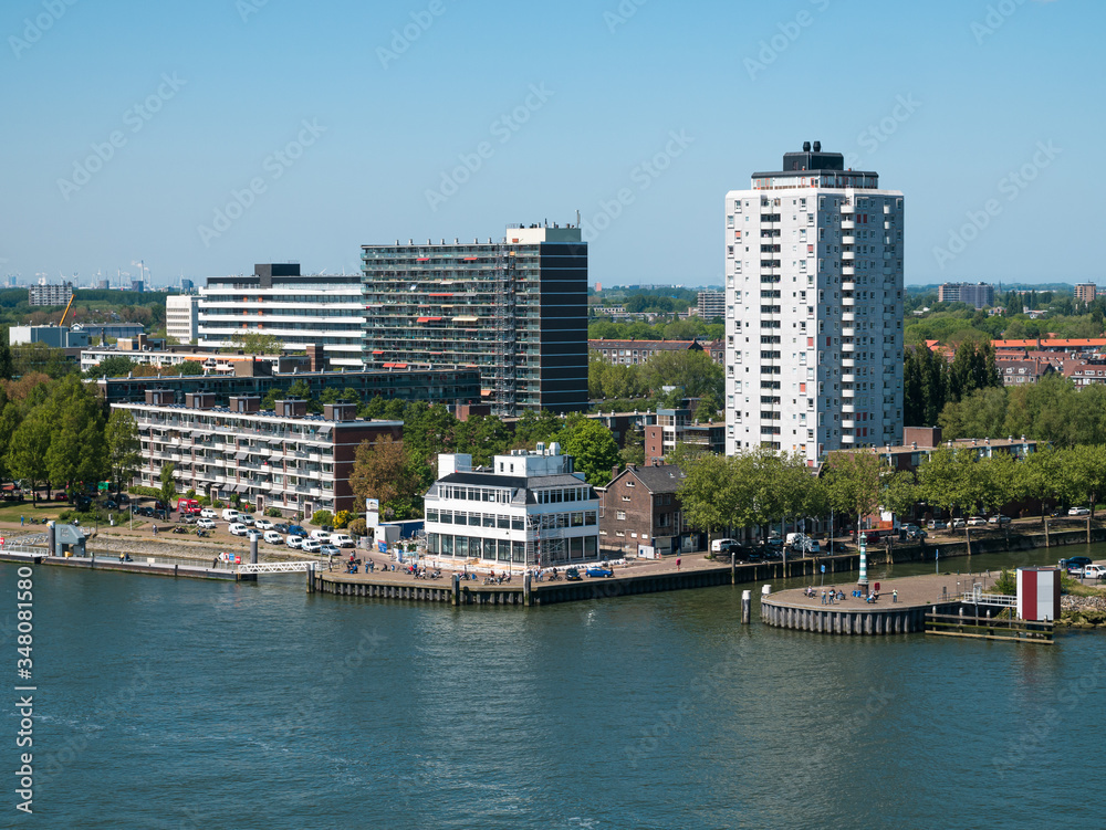 Rotterdam, Netherlands - May 07, 2020: view on the cargo port buildings infrastructure from cruise ship