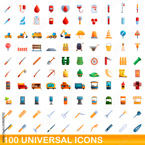 100 universal icons set. Cartoon illustration of 100 universal icons vector set isolated on white background