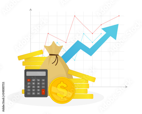 Diagram, graph growth. Stock market income. Flat vector with Earn money concept. Vector design.