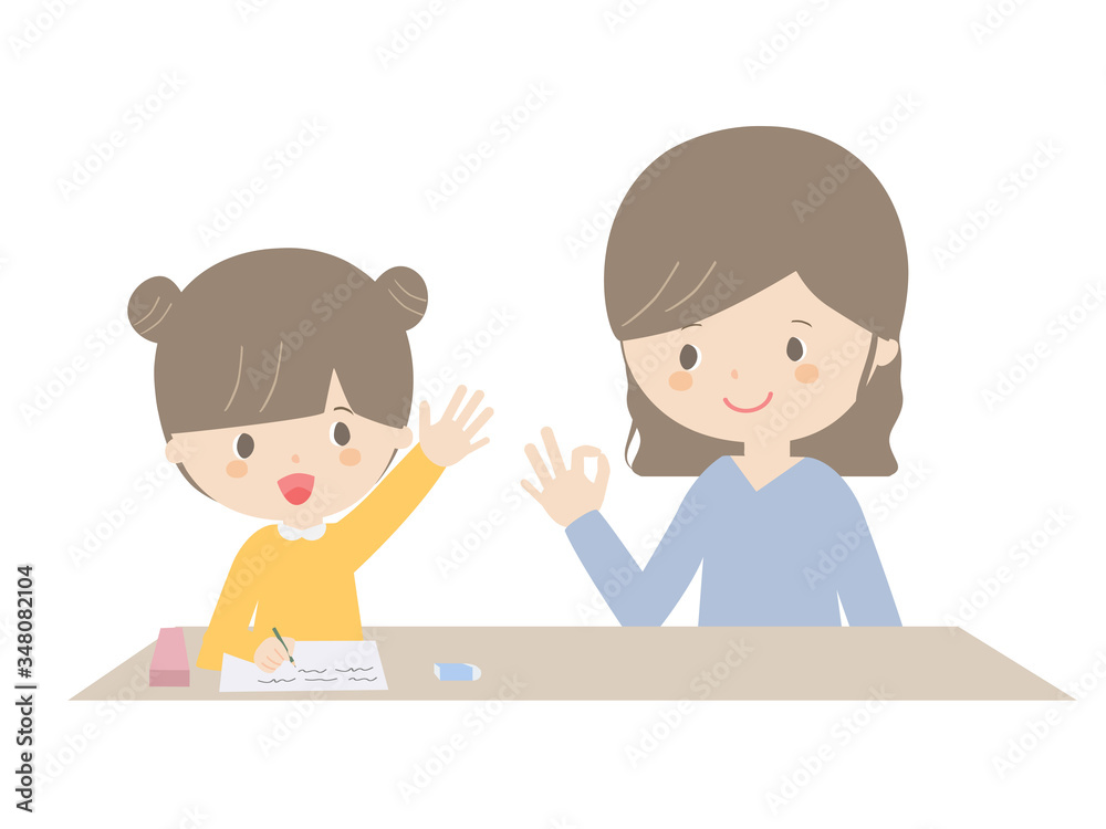 Girl learning home with parents Girl learning home with parents