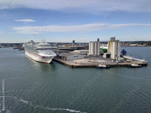 Southampton, UK - May 05, 2020: view on the cargo and cruise ship port buildings infrastructure from the cruise ship