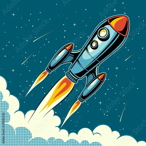 Fototapeta Naklejka Na Ścianę i Meble -  Rocket flying in space with stars on background. Vintage poster. Pop art vector illustration.