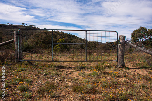 Locked metal gate in the bush. Closed gate on a dirt paddock