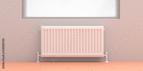 Fototapeta Naklejka Na Ścianę i Meble -  Radiator, heating installation, pastel color room interior, window on the wall. 3d illustration