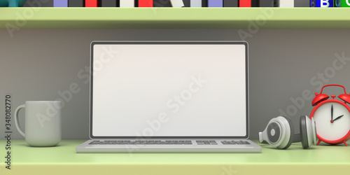 Blank screen laptop on a student desk in a pastel colors child room. 3d illustration