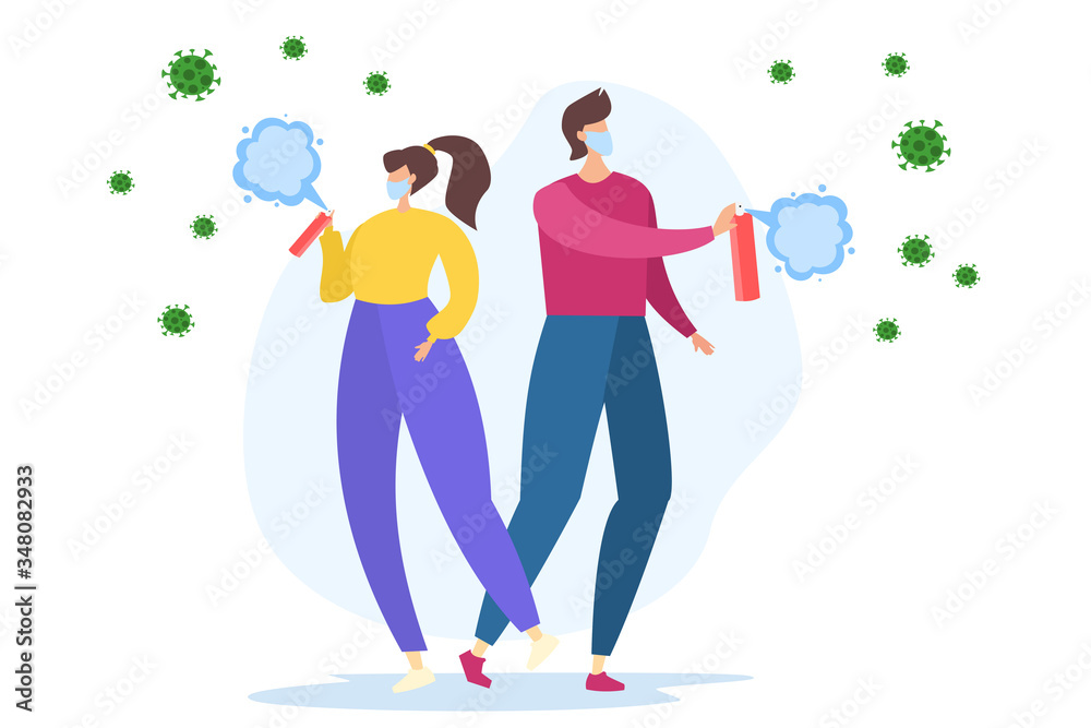 Flat vector illustration. A woman and a man are spraying an antiseptic into the air. Bacteria and coronavirus viruses fly in the air. Disinfection, coronavirus epidemic. People fight infection.