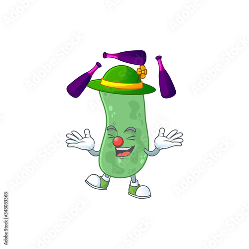 mascot cartoon style of enterobacteriaceae playing Juggling on stage
