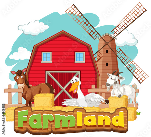 Farmland sign with many animals and red barn