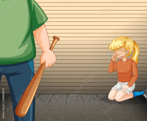 Scene with crying girl and angry man with baseball bat