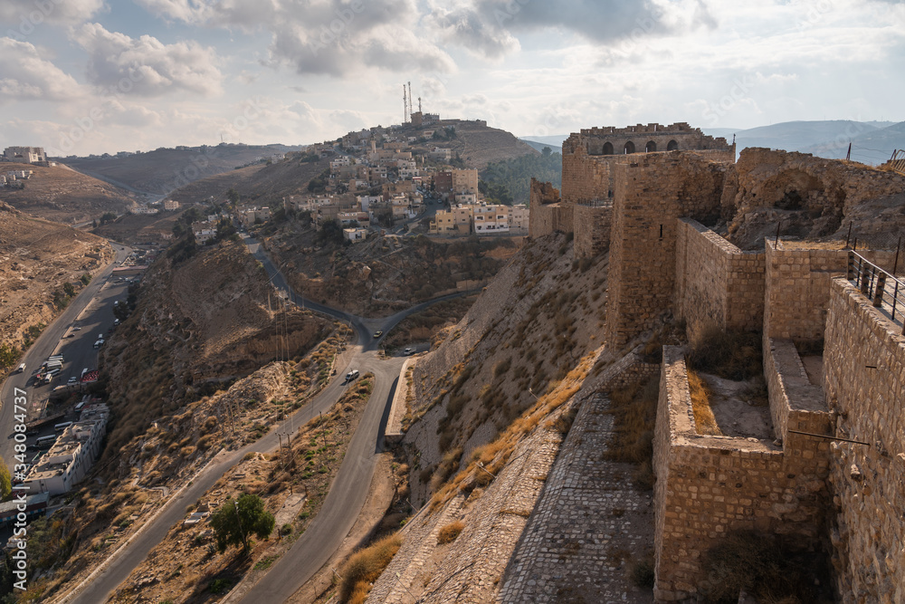 Kerak castle and fort standing on top of mountain building from Medieval era, Jordan, Arab