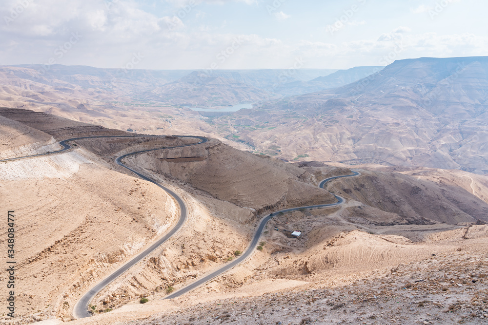 Winding road and canyon landscape in Jordan, Arab