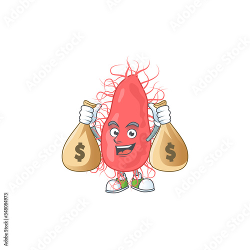 Blissful rich escherichia cartoon character having money bags