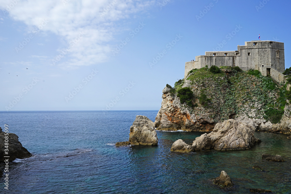 Exterior architecture and design of Fort Lovrijenac (St. Lawrence Fortress) called Dubrovnik's Gibraltar, theater outside the western wall of the city of Croatia with view of Adriatic sea- Croatia